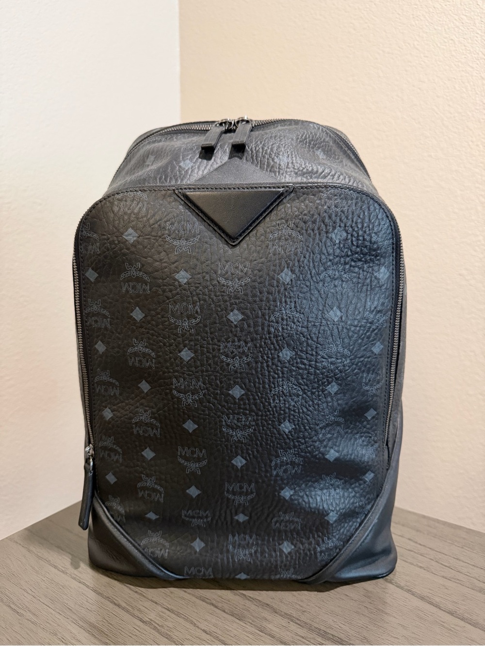 MCM Black Monogram Textured Leather Backpack